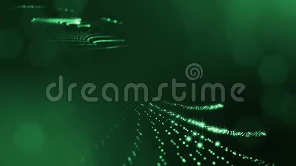 将绿色背景抽象为具有辉光粒子和景深的可循环序列大规模的三维渲染视频的预览图