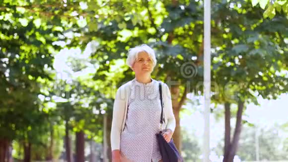 老年妇女沿着夏季公园散步视频的预览图