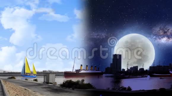 夜间和白天来自海滨的各种船只视频的预览图