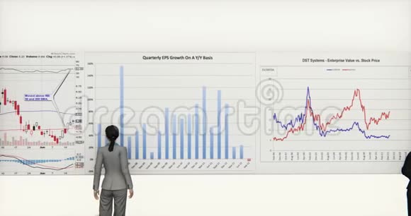 业务团队分析财务饼图和股票趋势图视频的预览图