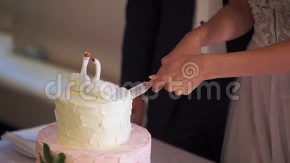 婚礼庆典蛋糕新娘新郎切割视频的预览图