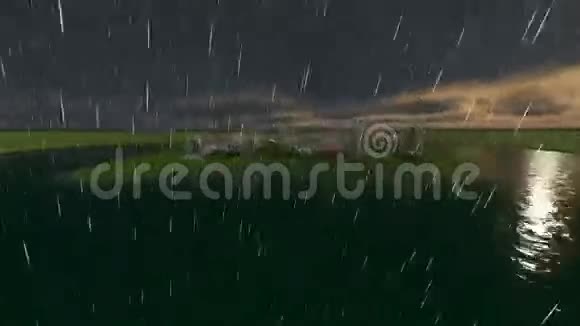 秘密花园和环湖和树木在雨中视频的预览图