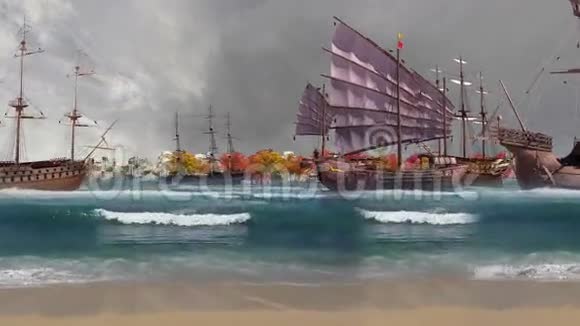 阴天时陆地和旧船在陆地后面视频的预览图
