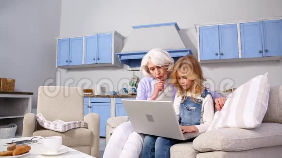 奶奶和小女孩用笔记本电脑视频的预览图