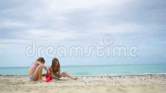 可爱的小女孩在暑假在海滩上玩海滩玩具视频的预览图