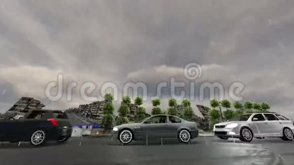雕像火箭广场和汽车在大雨中旋转视频的预览图