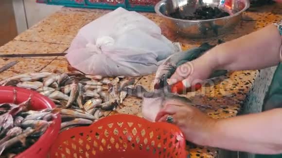 食鱼小贩在街市摊档视频的预览图