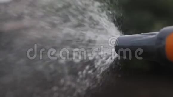 园林护理理念生活方式泼水慢动作视频女人拿着花园水管浇水视频的预览图