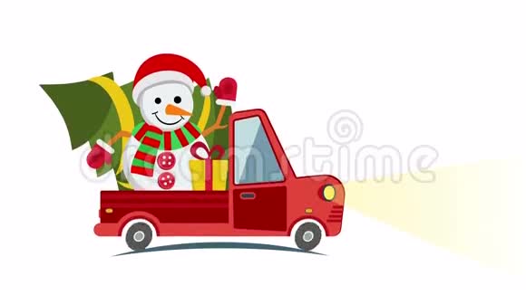 提供带圣诞树雪人和礼品盒的平板运输卡车视频的预览图