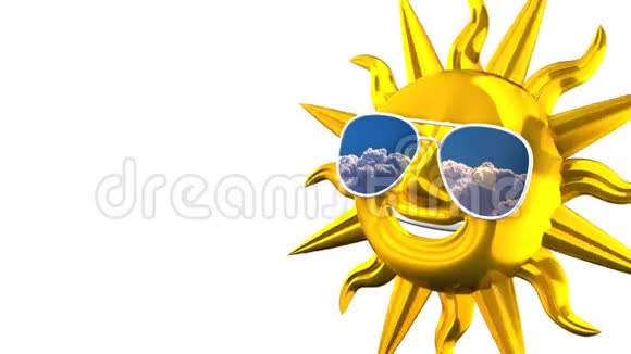 白色文字空间中戴着太阳镜的金色微笑太阳视频的预览图