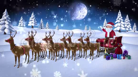卡通圣诞老人用雪橇和驯鹿挥舞着相机视频的预览图