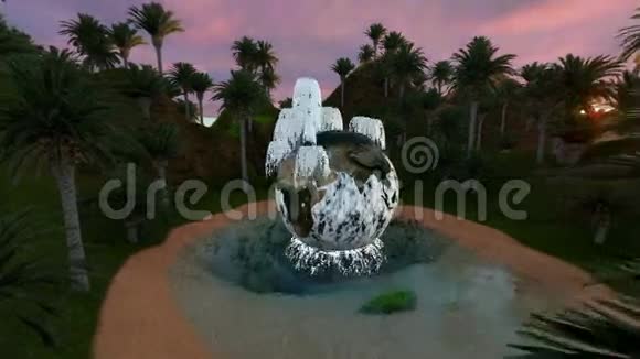 地球和喷泉中的绿洲之间的棕榈早晨视频的预览图