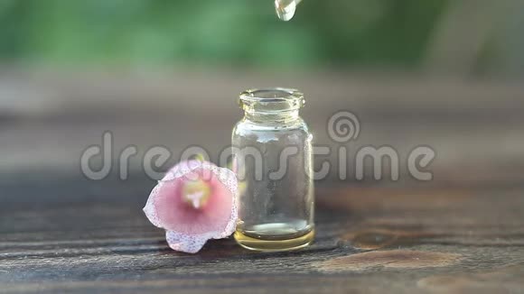 美丽的玻璃瓶中桌上鲜花的精华视频的预览图