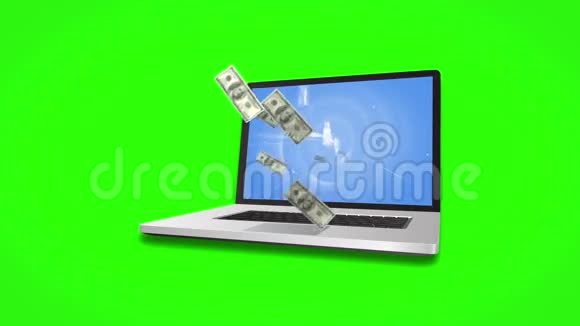 从绿色屏幕背景下的笔记本电脑里出来的钱视频的预览图