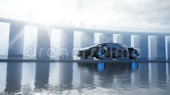 海滨黑色未来派电动汽车城市迷雾未来的概念现实的4k动画视频的预览图