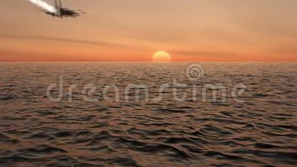 在日落时分战斗机飞越海洋并起飞视频的预览图