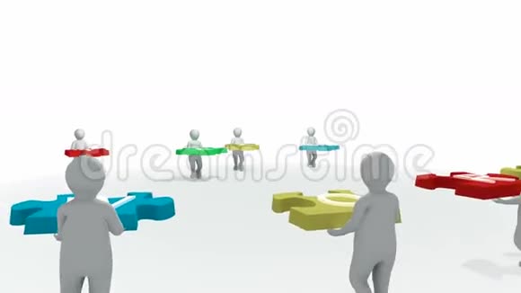 电脑动画显示3D男子团队合作拼图视频的预览图