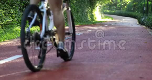 阳光明媚的早晨公园里自由女子骑自行车视频的预览图