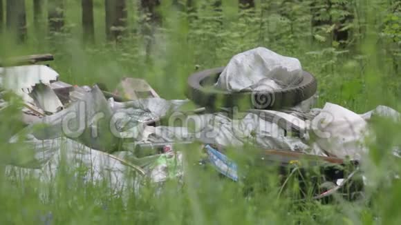 垃圾堆放在森林里环境污染夏日阳光明媚森林里绿树成荫视频的预览图