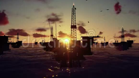 海洋石油钻井平台日落时间库存录像视频的预览图