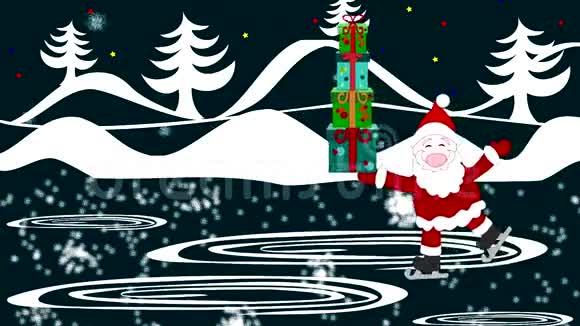 可爱的圣诞老人盒子里放着礼物还有一袋在溜冰场玩得开心视频的预览图