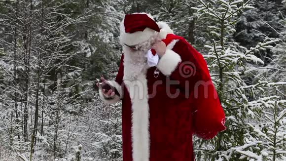 在树林里戴着手机的圣诞老人视频的预览图