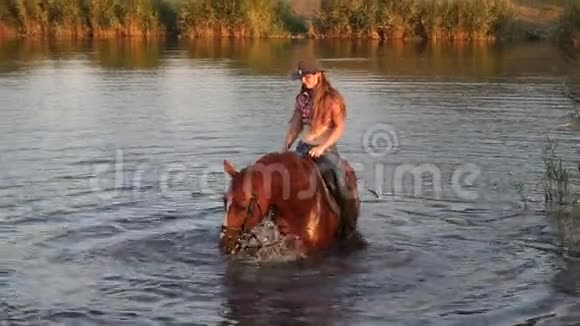 湖中的年轻女子骑着一匹棕色的马视频的预览图