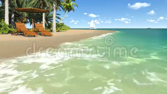 空的热带海滩上的躺椅和阳伞视频的预览图