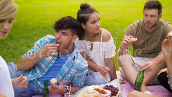 有饮料的朋友在夏季野餐时吃食物视频的预览图