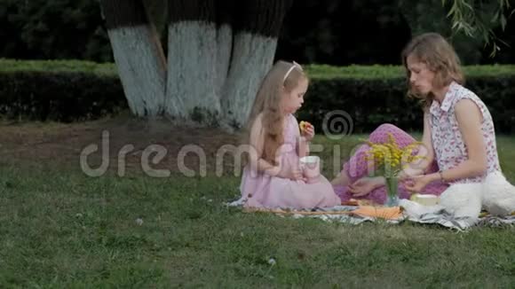 一对幸福的母女正在面纱上喝茶一家人在城市公园里在日落的温暖的晚上野餐视频的预览图