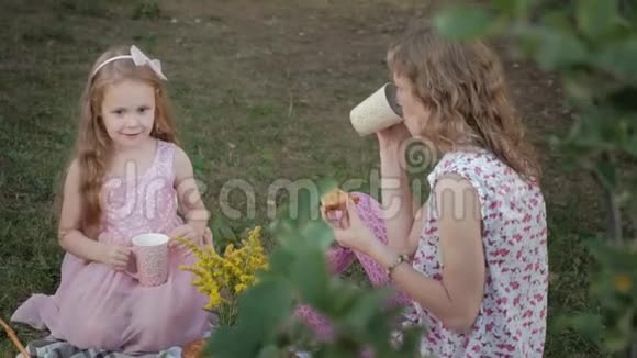 一对幸福的母女正在面纱上喝茶一家人在城市公园里在日落的温暖的晚上野餐视频的预览图