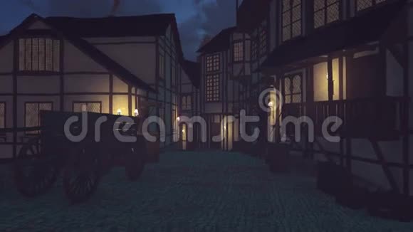 在漆黑的夜晚古老的中世纪小镇视频的预览图