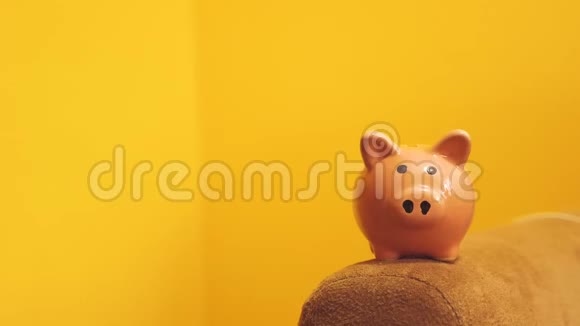 猪银行的经营理念一只手把硬币放在黄色背景的储蓄罐里省钱就是视频的预览图