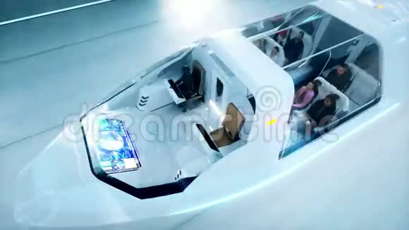 未来派飞行巴士与人民快速驾驶在SCIFI隧道科里多未来的概念现实4k动画视频的预览图