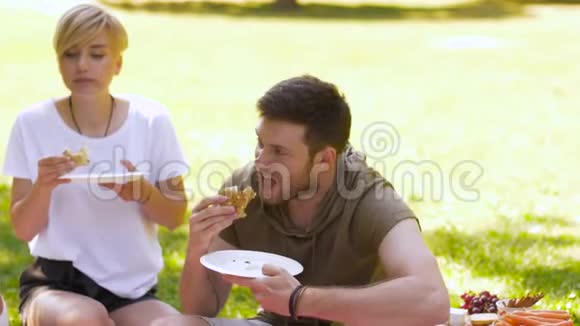 快乐的朋友在夏季野餐时吃三明治视频的预览图