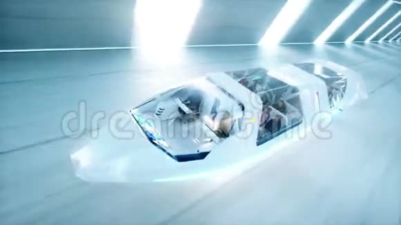 未来派飞行巴士与人民快速驾驶在SCIFI隧道科里多未来的概念现实的4k动画视频的预览图
