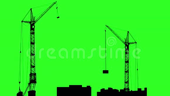 两台起重机在大楼上工作的剪影绿色屏幕背景4k动画视频的预览图