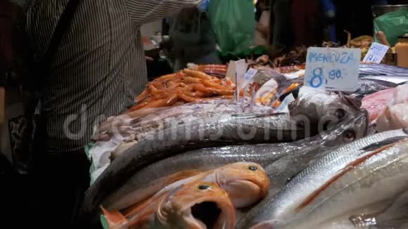 拉波奎利亚鱼市冰鲜柜台巴塞罗那西班牙视频的预览图
