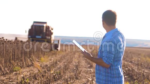 农民工作聪明的农业人阅读或分析收获向日葵在农业平板电脑上的生活方式报告视频的预览图