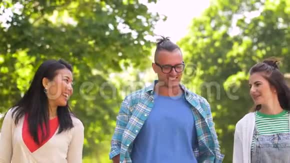 快乐的国际朋友在公园散步视频的预览图
