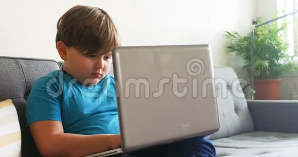 4k号客厅的男孩用笔记本电脑视频的预览图