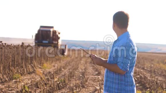 农民工作聪明的农业人阅读或分析收获向日葵生活方式平板电脑上的农业报告视频的预览图