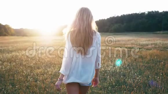 美丽的微笑女孩在春天的田野上草甸笑着快乐的年轻女模特健康长寿的肖像视频的预览图