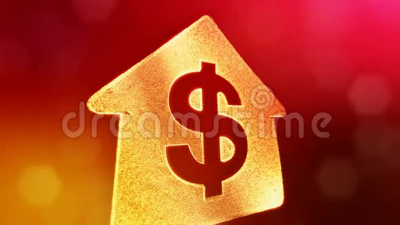 美元在房子的徽记上发光粒子的金融背景具有景深的3D环动画bokeh视频的预览图