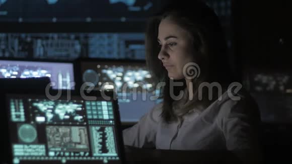 一幅年轻女性程序员在数据中心的一台电脑上工作的画像里面装满了显示屏视频的预览图