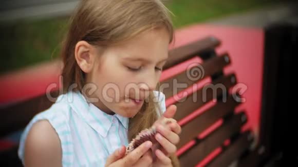 靠近可爱的小女孩吃蛋糕双手坐在公园的长凳上视频的预览图
