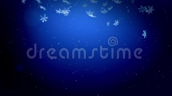 装饰性的3d雪花在蓝色背景下夜间飘落用作圣诞节新年贺卡或冬季主题的动画视频的预览图