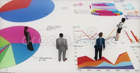 4K业务团队站在财务饼图和股票趋势图上视频的预览图