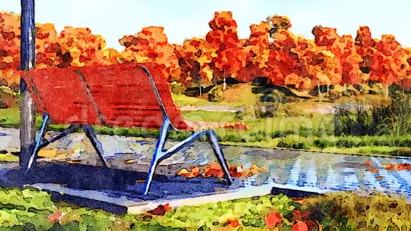 秋天公园水彩画景观的空凳视频的预览图