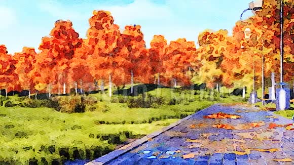 秋天公园水彩景的空步道视频的预览图